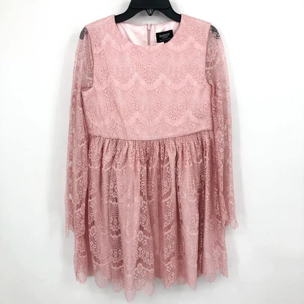 BARDOT JUNIOR Girl Gertrude Lace Dress Size 16 Pink Potpourri Long Sleeve NWT